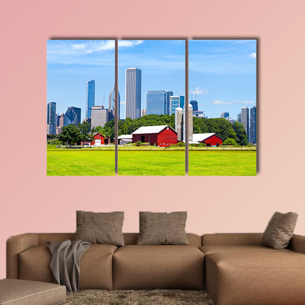 American Red Farm With Chicago Skyline in Background Multi panel canvas wall art