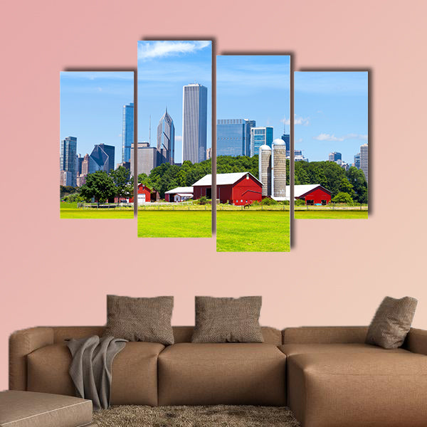 American Red Farm With Chicago Skyline in Background Multi panel canvas wall art