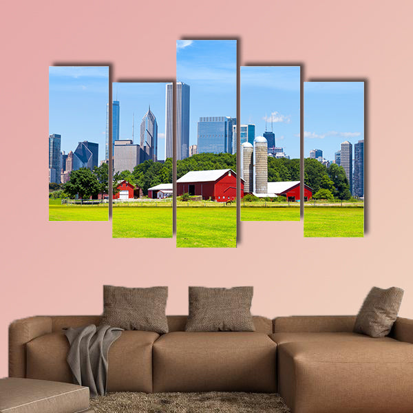 American Red Farm With Chicago Skyline in Background Multi panel canvas wall art