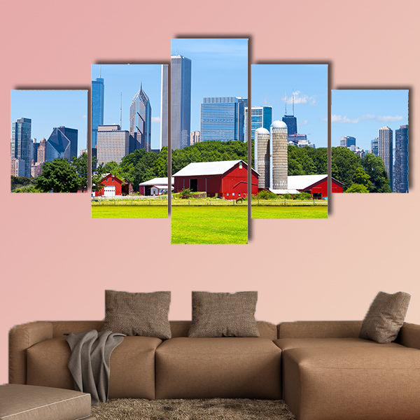 American Red Farm With Chicago Skyline in Background Multi panel canvas wall art