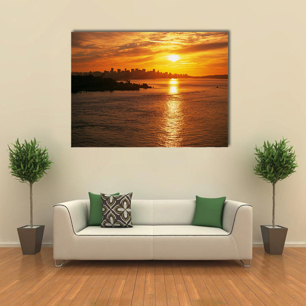 Vancouver skyline with sunset and Burrard Inlet Multi panel canvas wall art