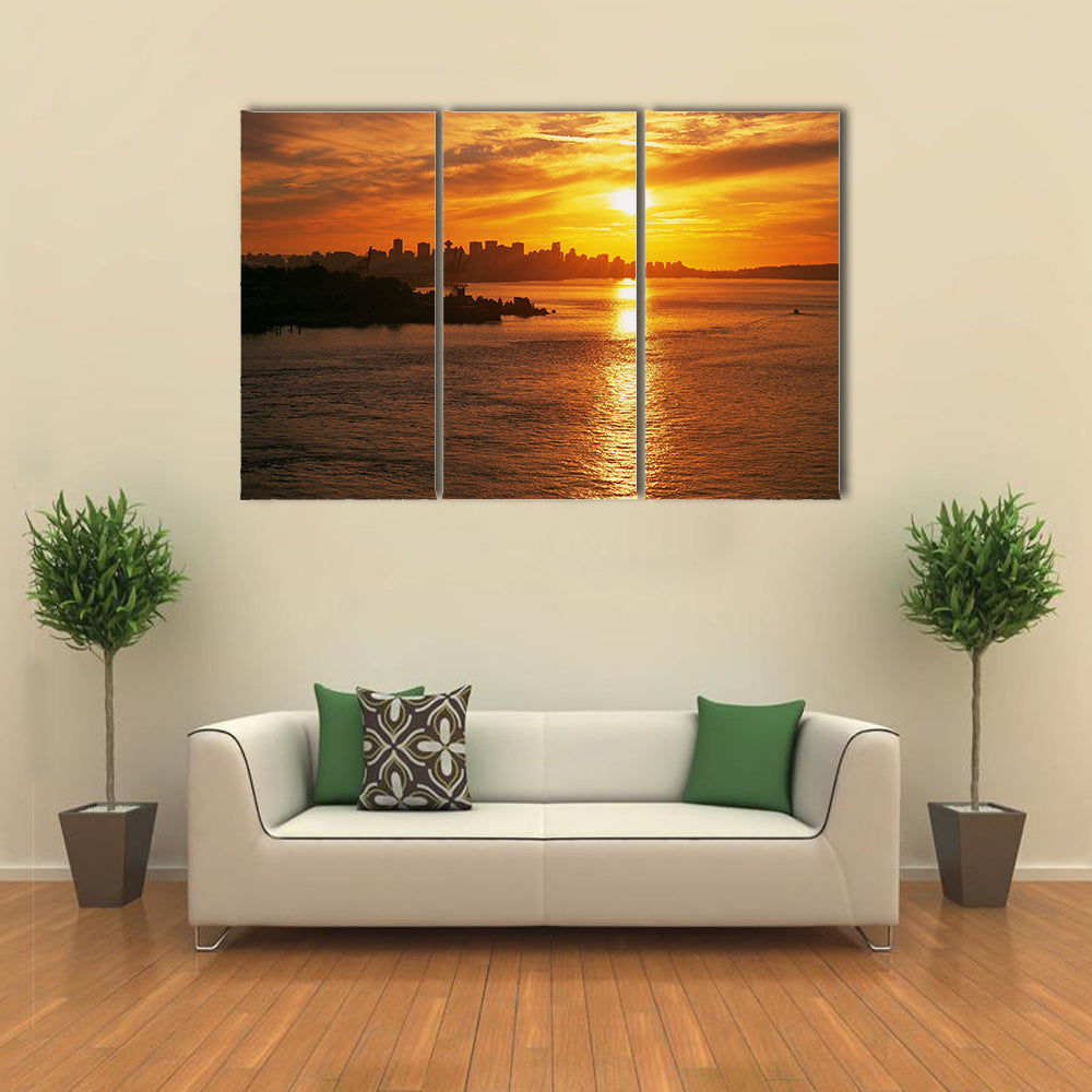 Vancouver skyline with sunset and Burrard Inlet Multi panel canvas wall art
