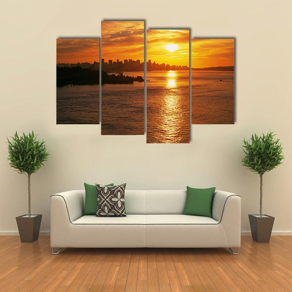 Vancouver skyline with sunset and Burrard Inlet Multi panel canvas wall art