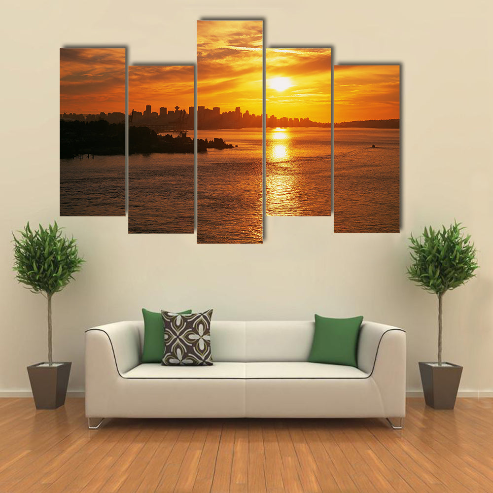 Vancouver skyline with sunset and Burrard Inlet Multi panel canvas wall art