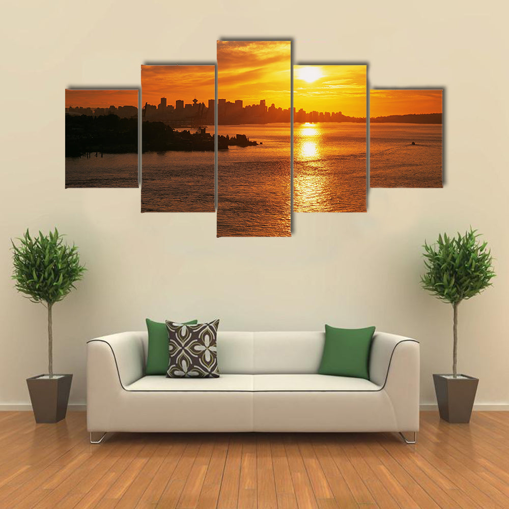 Vancouver skyline with sunset and Burrard Inlet Multi panel canvas wall art