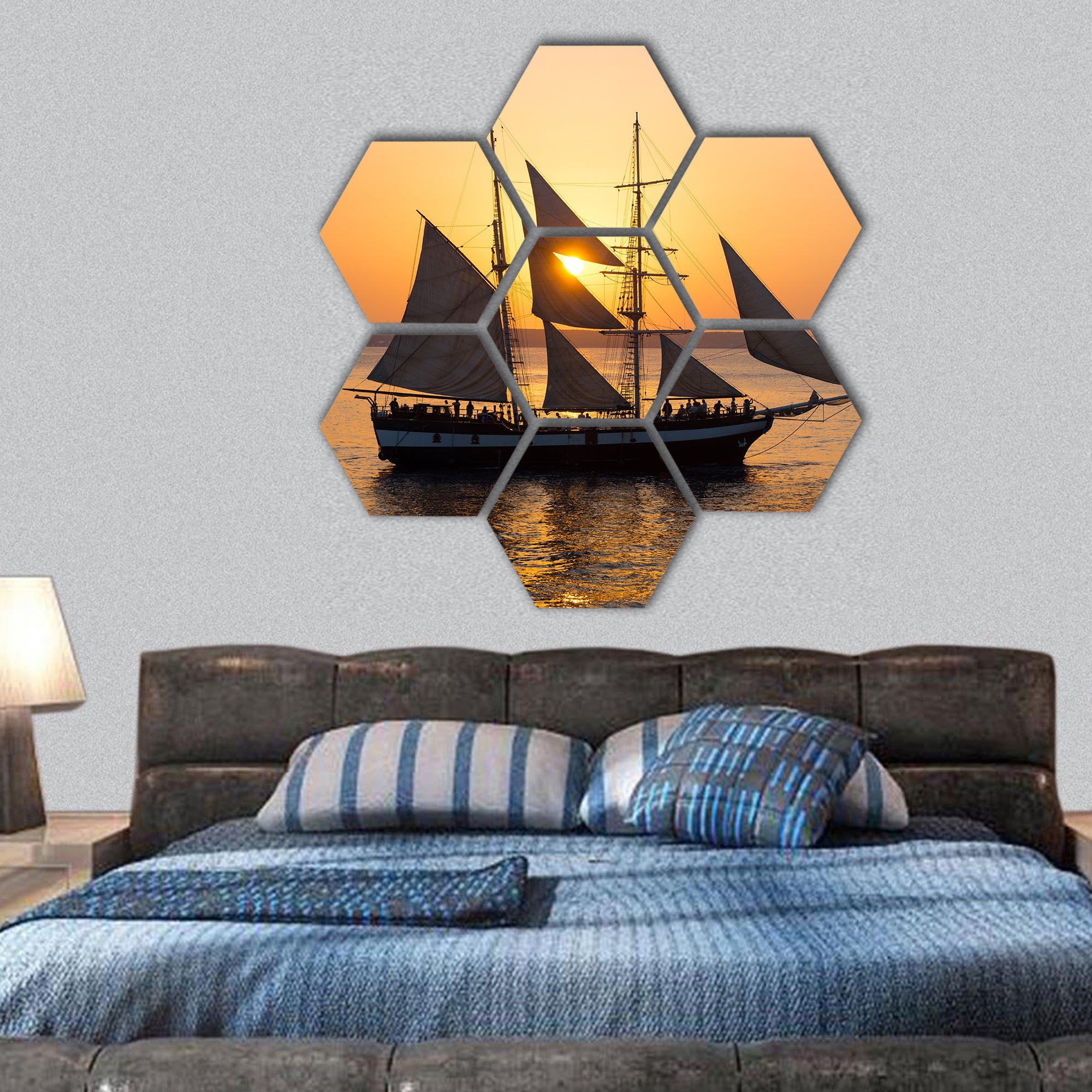 Sailing ship at sunset hexagonal canvas wall art