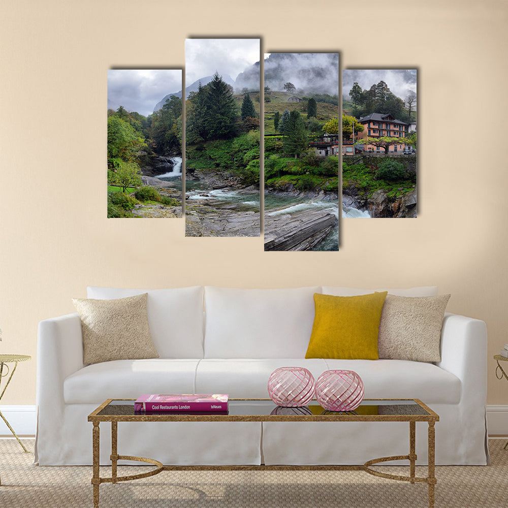 Swiss village in the mountains with mist and waterfall multi panel canvas wall art