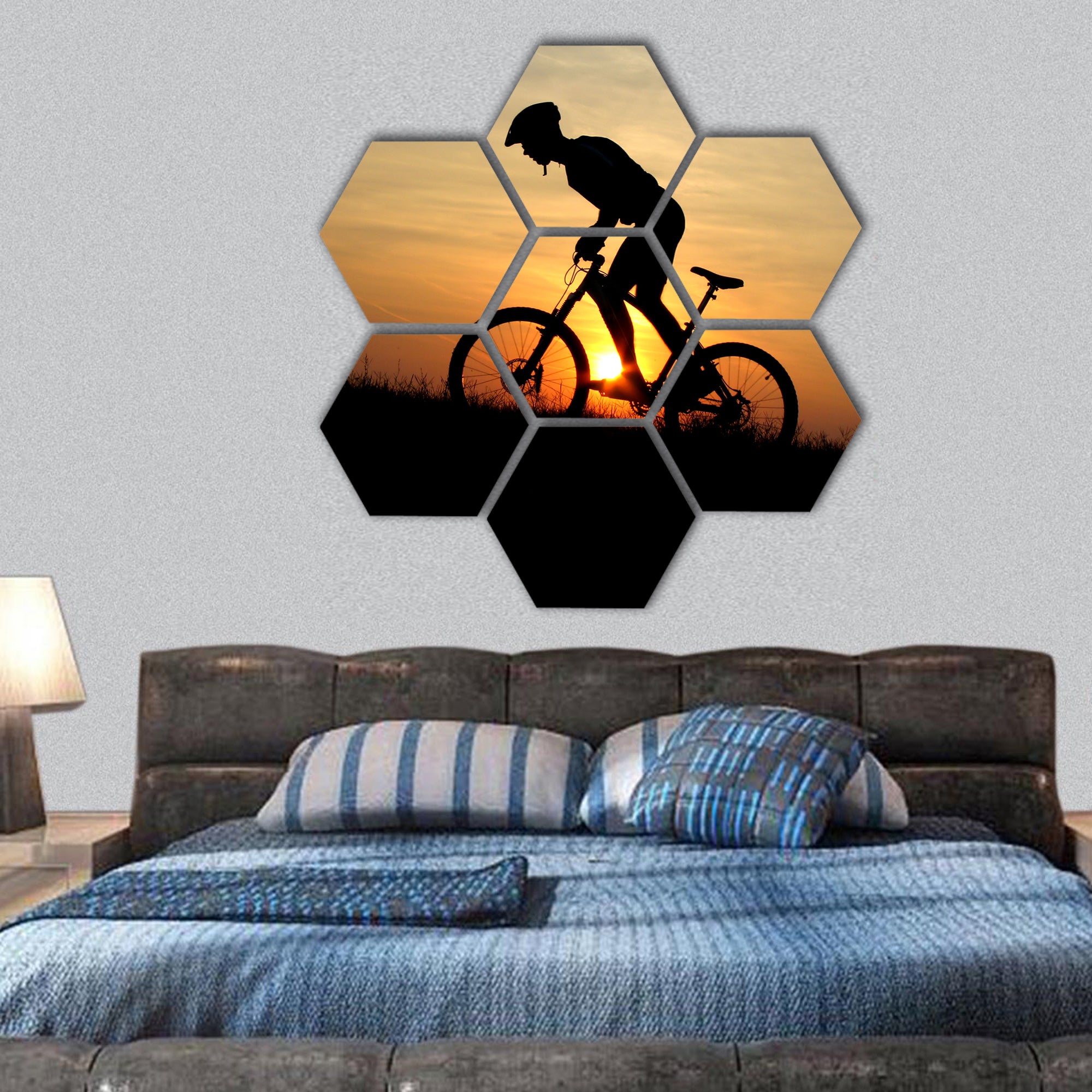 mountain biker silhouette in sunrise hexagonal canvas wall art