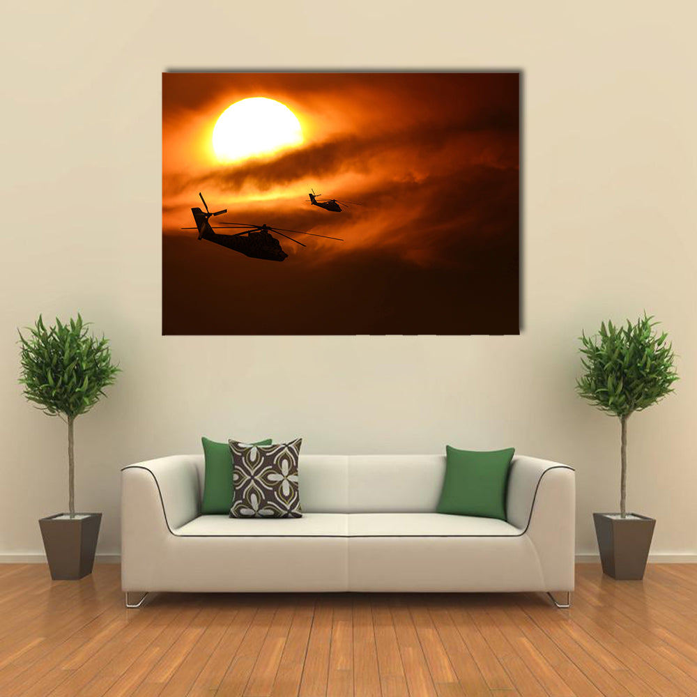 Military Helicopter Over A Sunset Multi Panel Canvas Wall Art