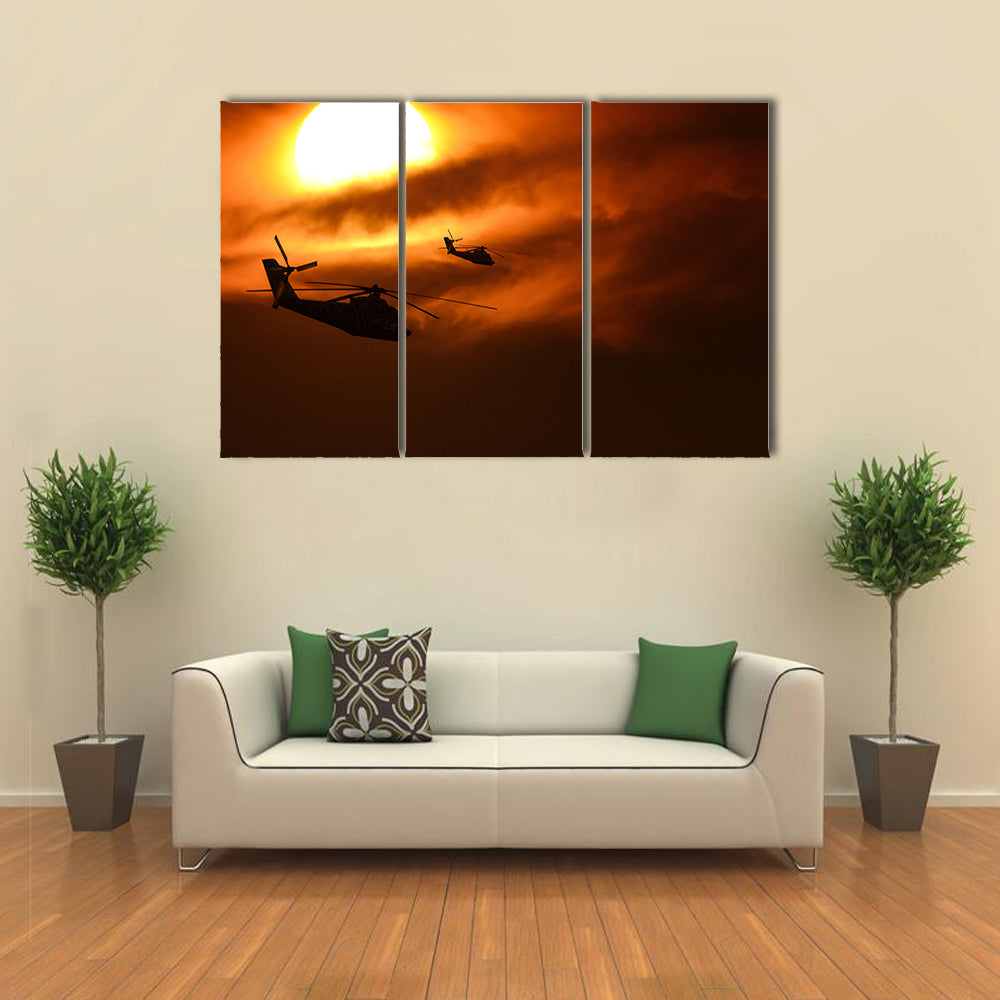 Military Helicopter Over A Sunset Multi Panel Canvas Wall Art