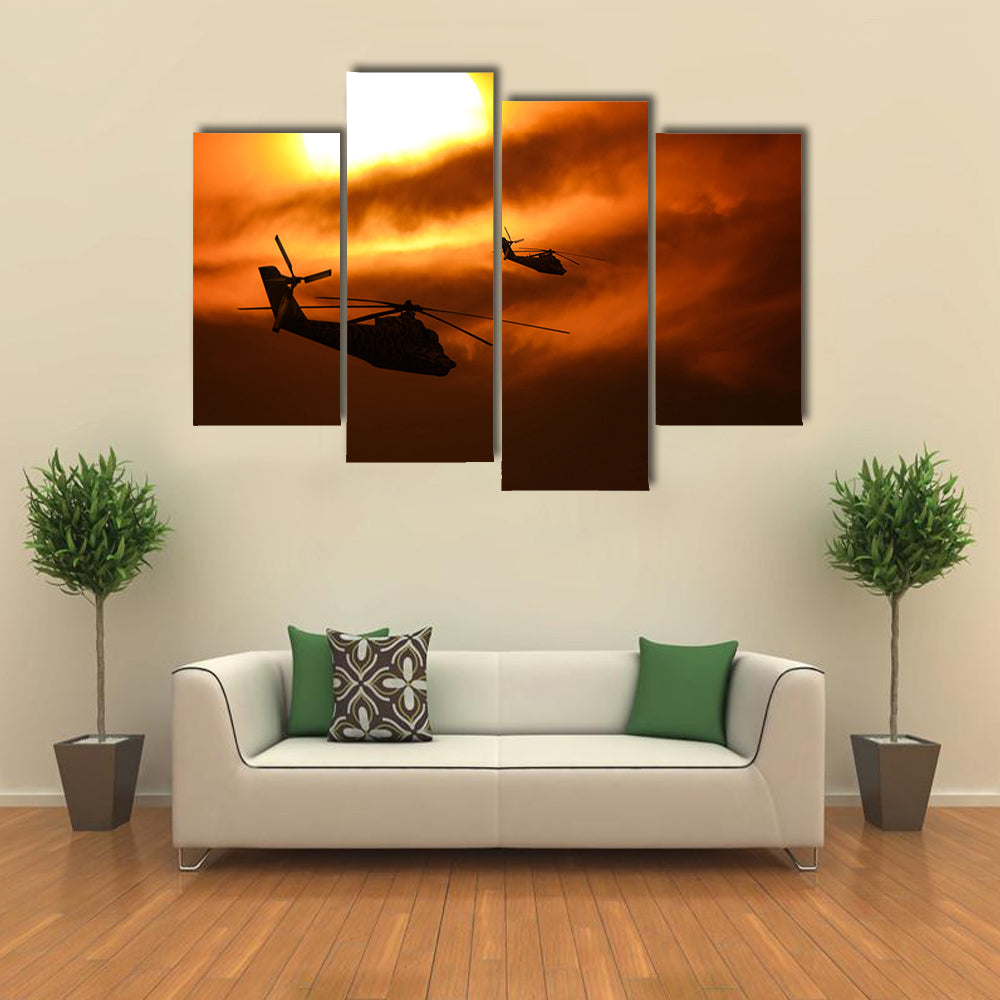 Military Helicopter Over A Sunset Multi Panel Canvas Wall Art