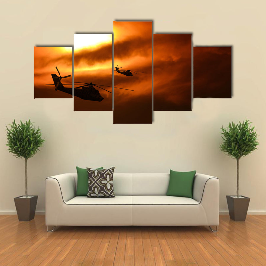 Military Helicopter Over A Sunset Multi Panel Canvas Wall Art