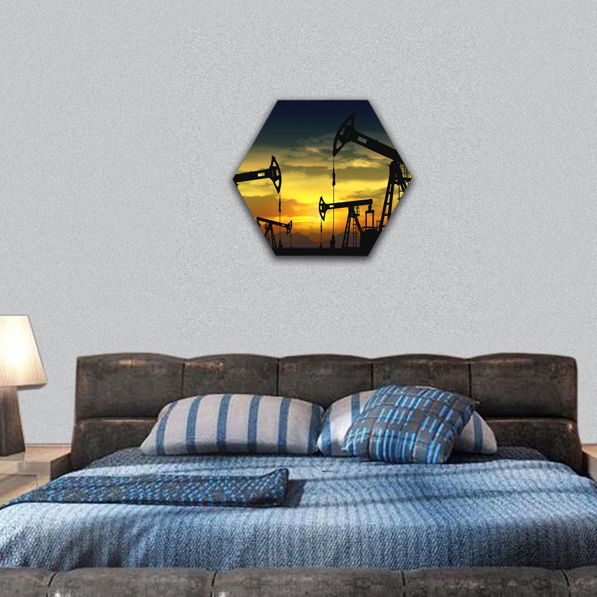 Oil pump jack in operation hexagonal canvas wall art