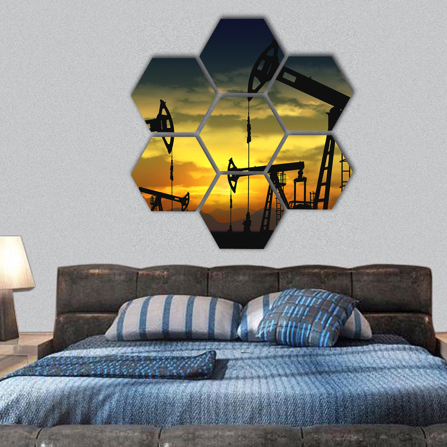Oil pump jack in operation hexagonal canvas wall art