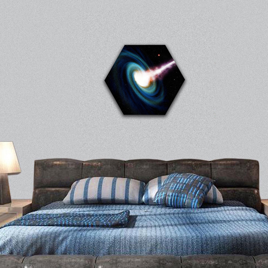 Computer generated black hole swallowing galaxy hexagonal canvas wall art