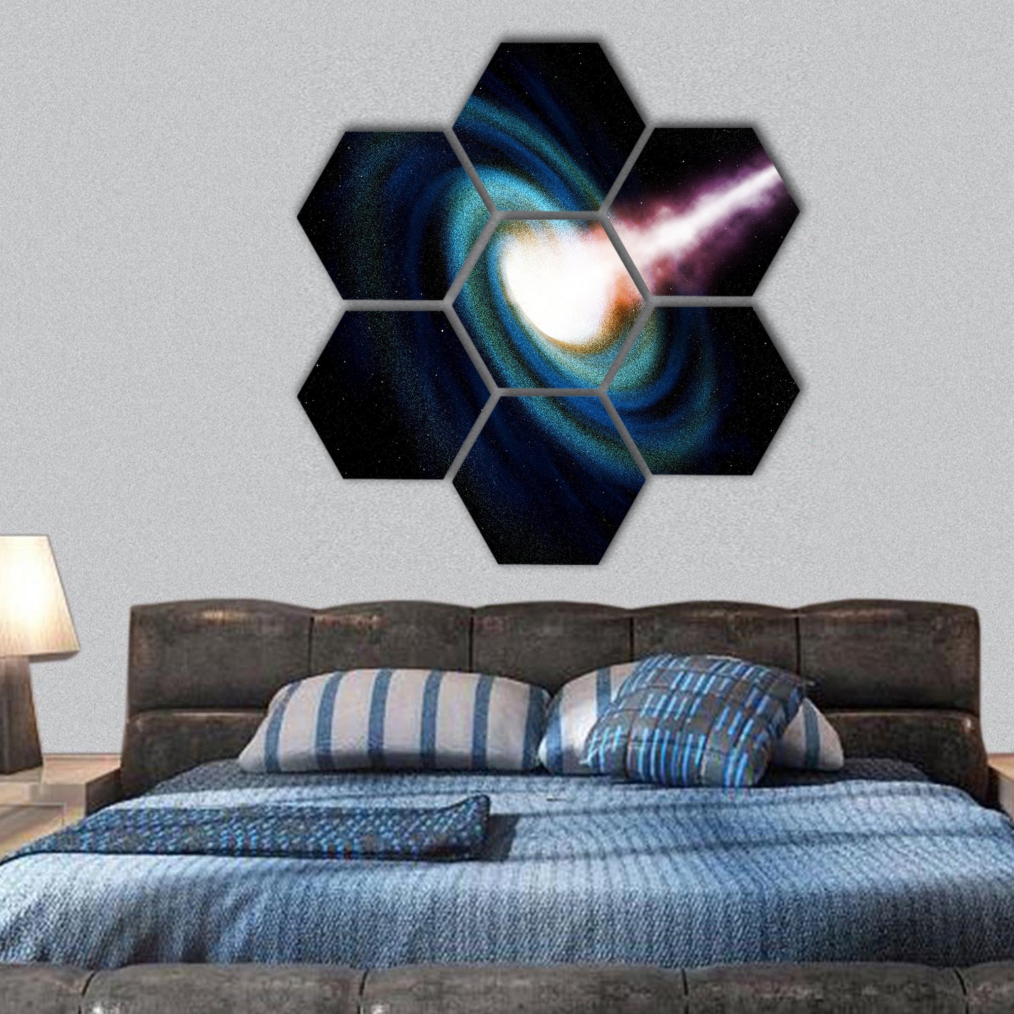 Computer generated black hole swallowing galaxy hexagonal canvas wall art