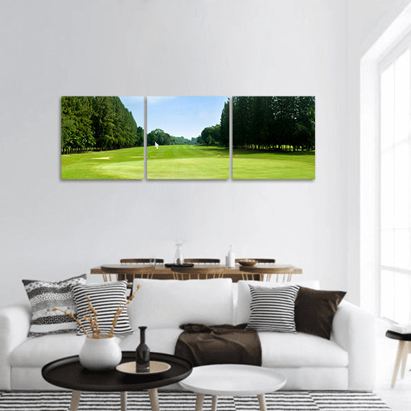 Green golf field with sky panoramic canvas wall art