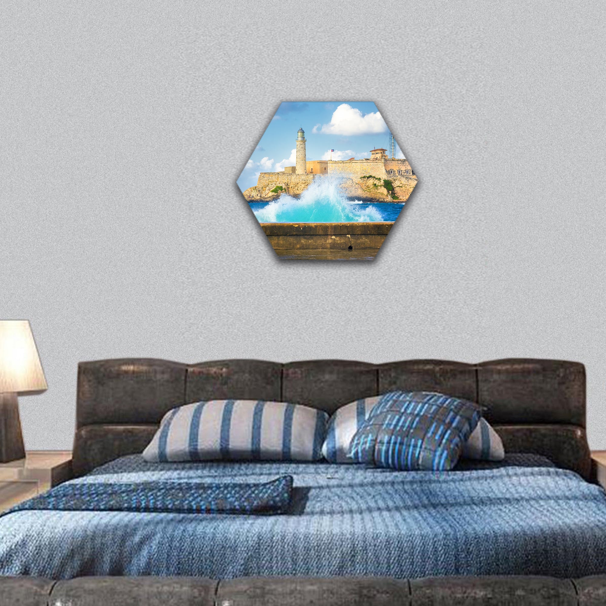 Hurricane in Havana with a view of the castle of El Morro and big waves hexagonal canvas wall art