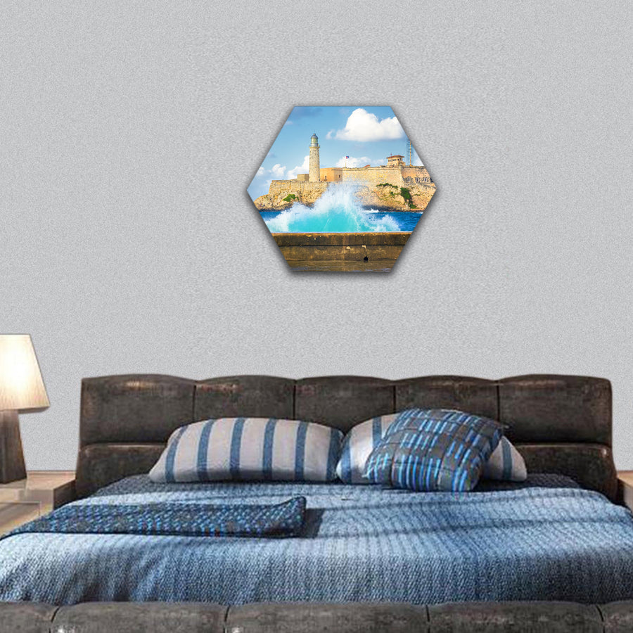 Hurricane in Havana with a view of the castle of El Morro and big waves hexagonal canvas wall art