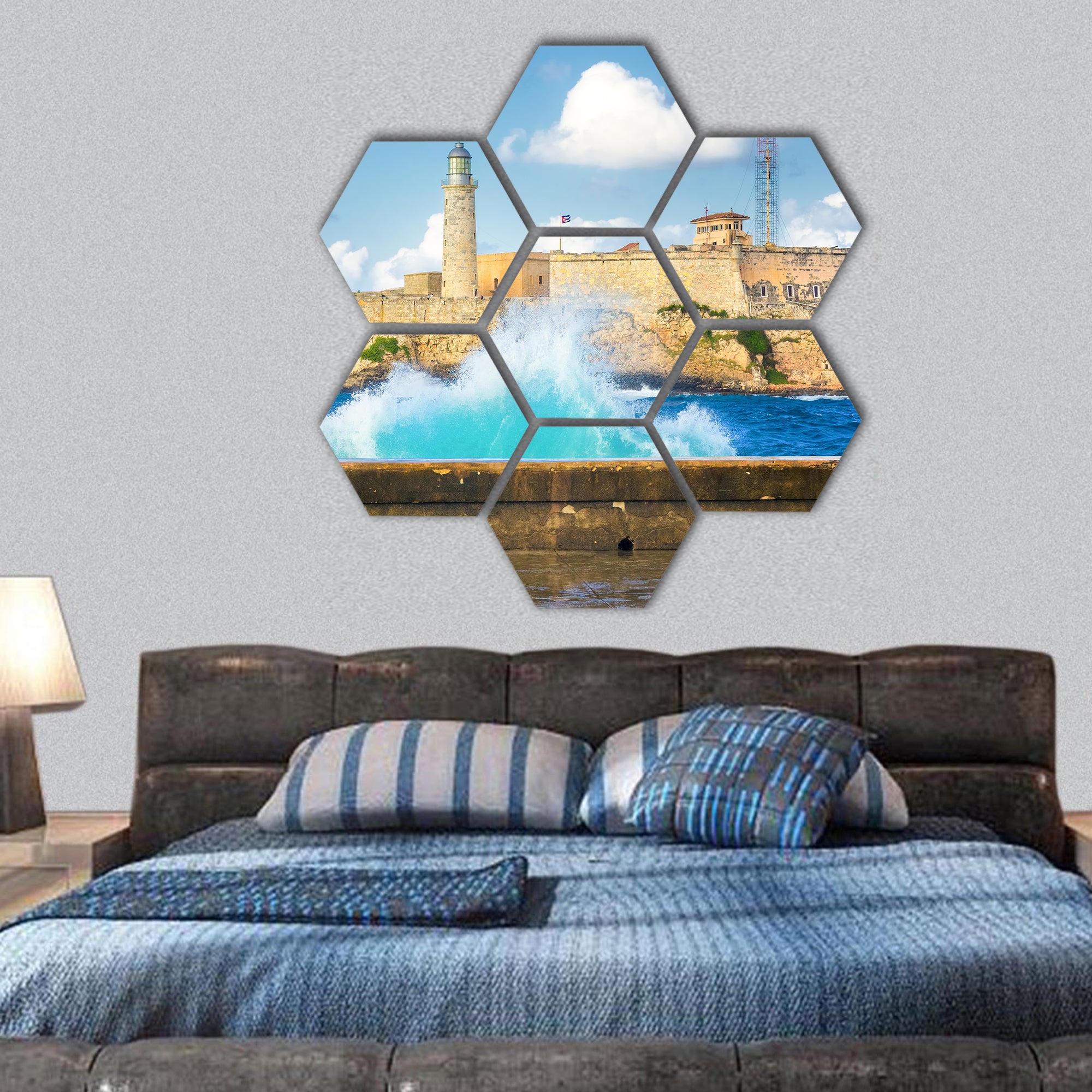 Hurricane in Havana with a view of the castle of El Morro and big waves hexagonal canvas wall art