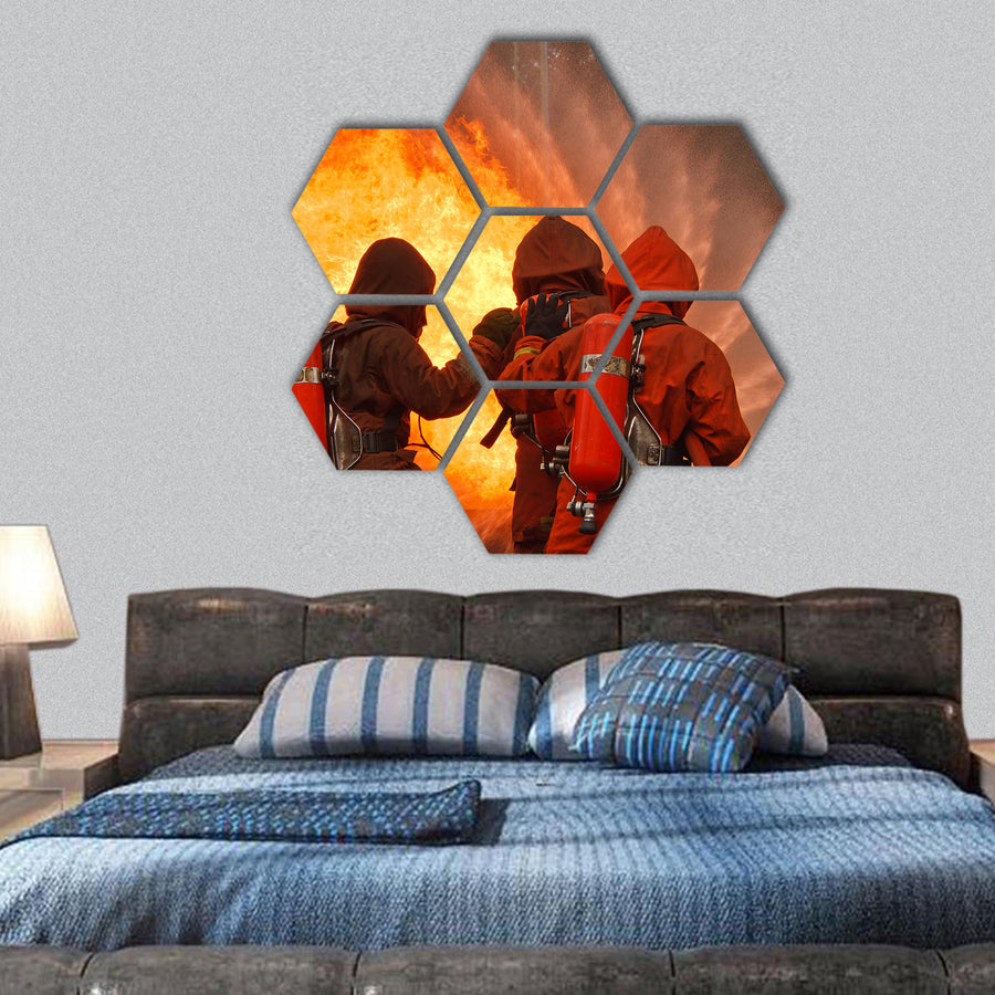 Firefighters fighting fire hexagonal canvas wall art