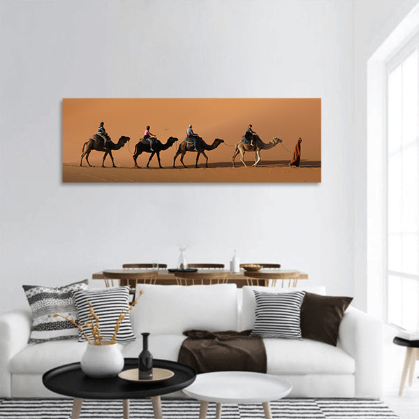 Camel caravan ,sand dunes in the Sahara Desert, Morocco panoramic canvas wall art