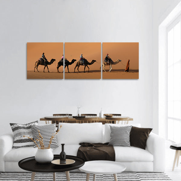 Camel caravan ,sand dunes in the Sahara Desert, Morocco panoramic canvas wall art