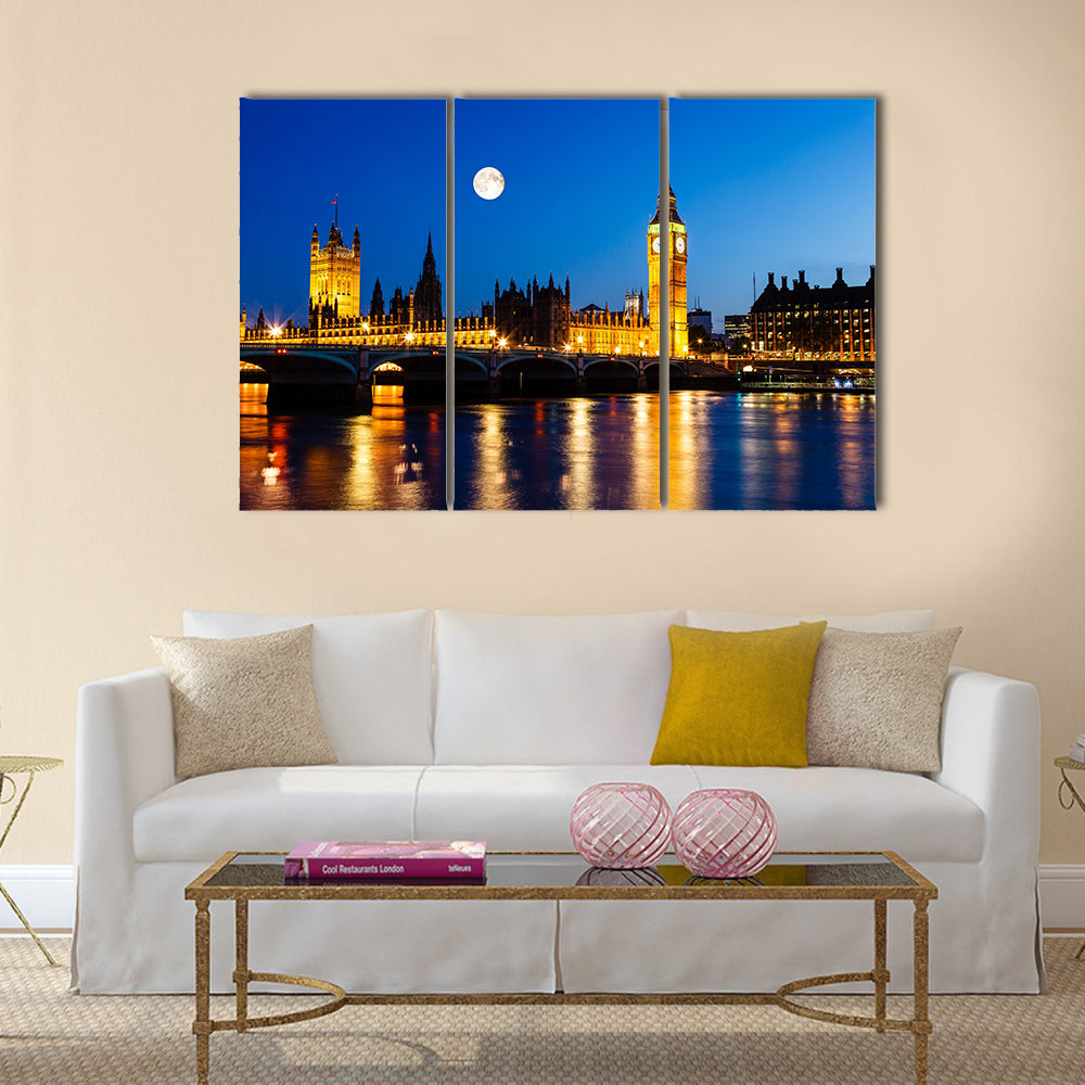 Full Moon above Big Ben and House of Parliament, London, United Kingdom multi panel canvas wall art
