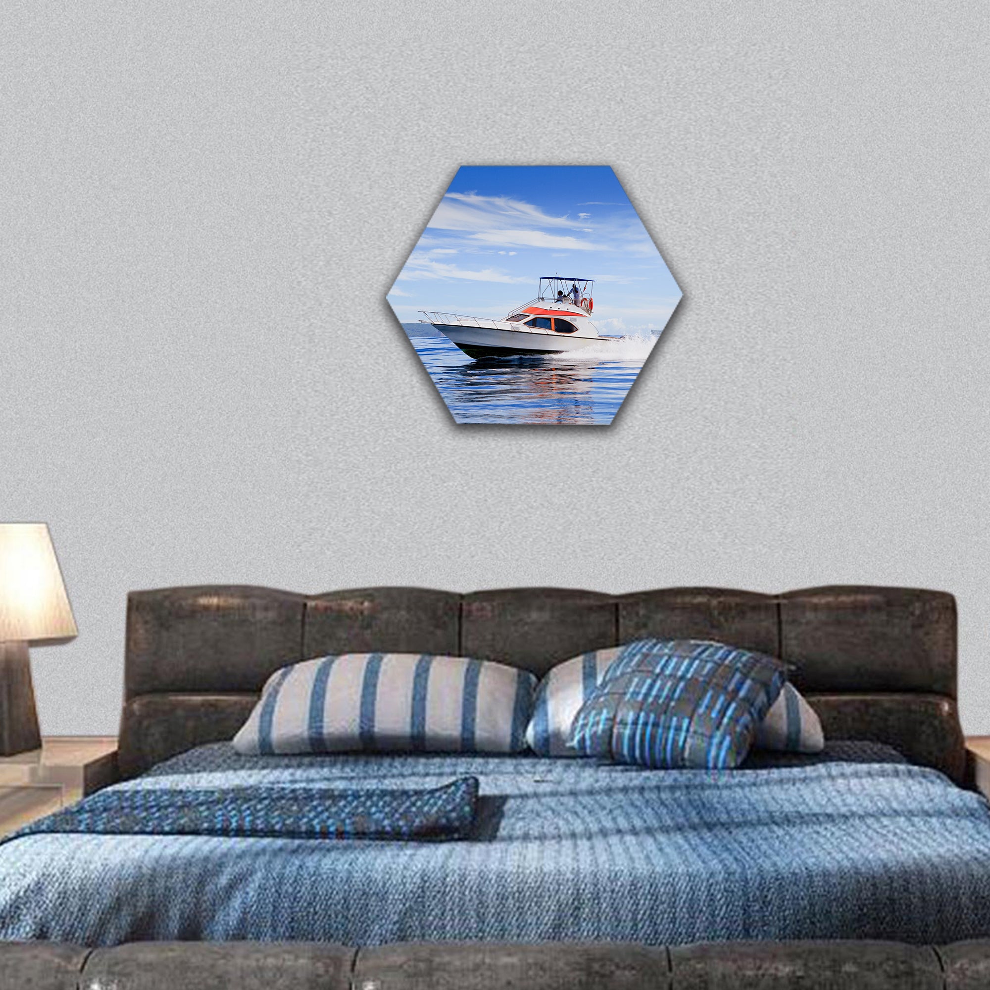 Motorboat, route on the Ocean hexagonal canvas wall art