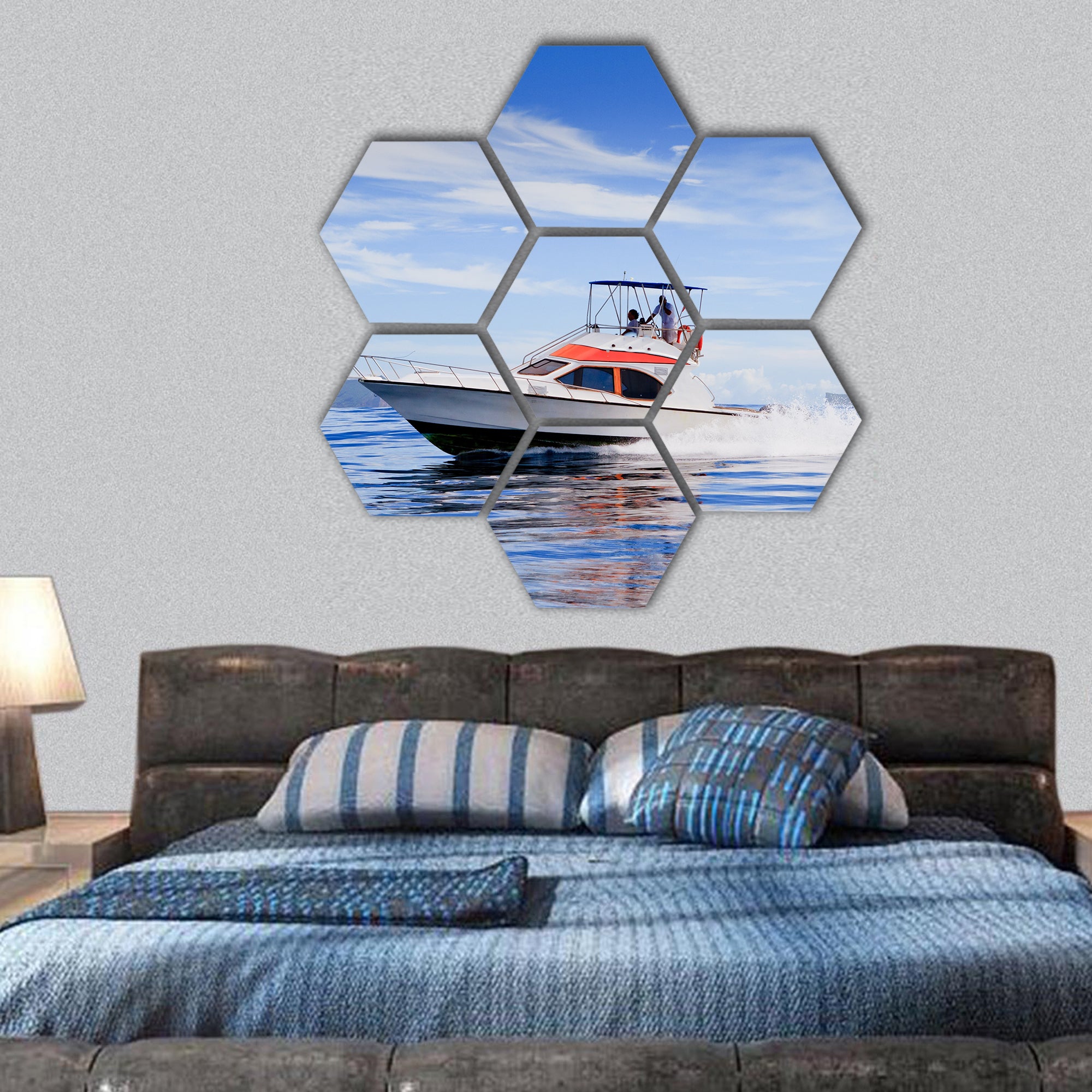 Motorboat, route on the Ocean hexagonal canvas wall art