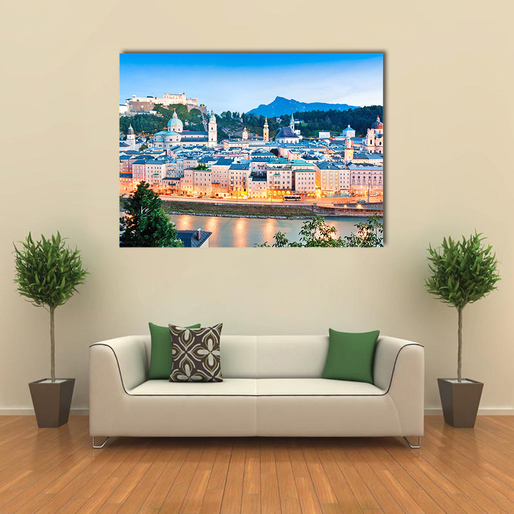Salzburg panorama at dusk as seen from Kapuzinerberg in Salzburg, Austria Multi panel canvas wall art