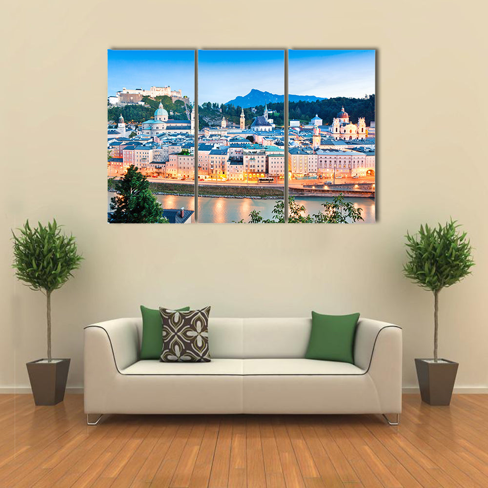 Salzburg panorama at dusk as seen from Kapuzinerberg in Salzburg, Austria Multi panel canvas wall art