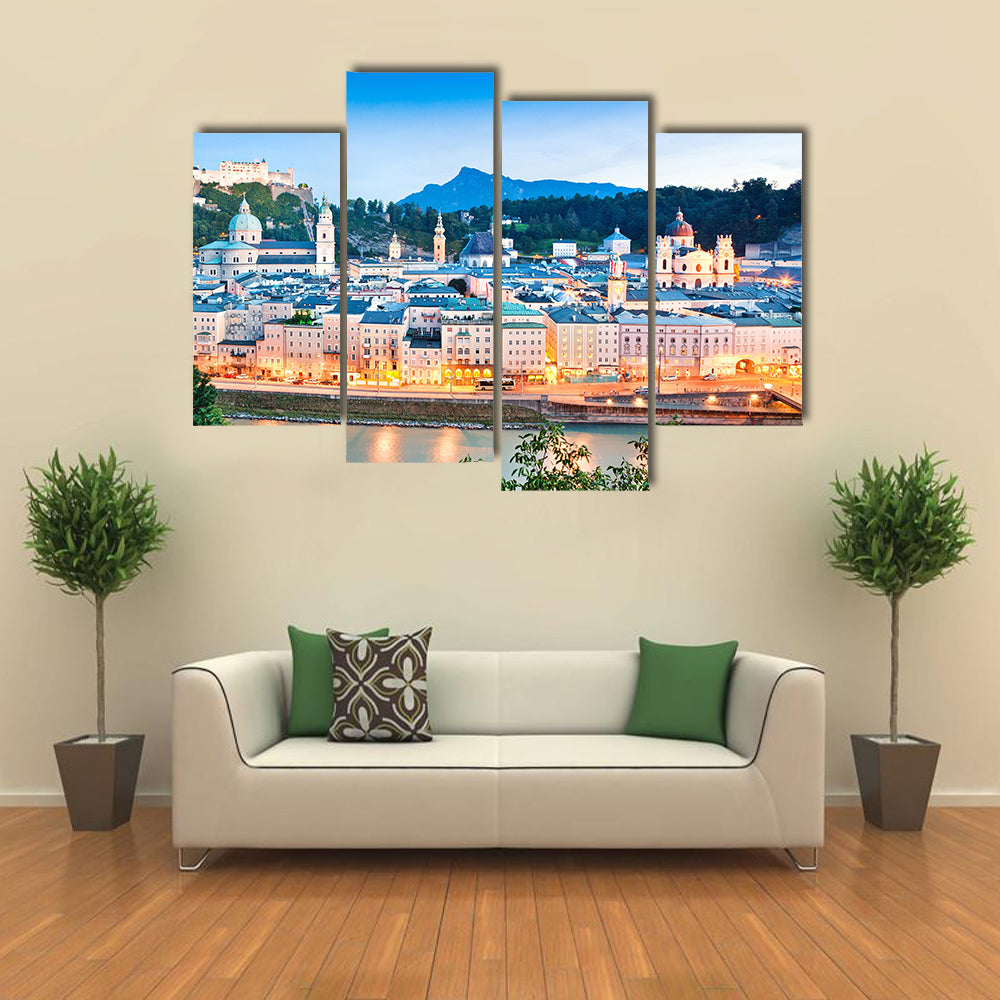 Salzburg panorama at dusk as seen from Kapuzinerberg in Salzburg, Austria Multi panel canvas wall art