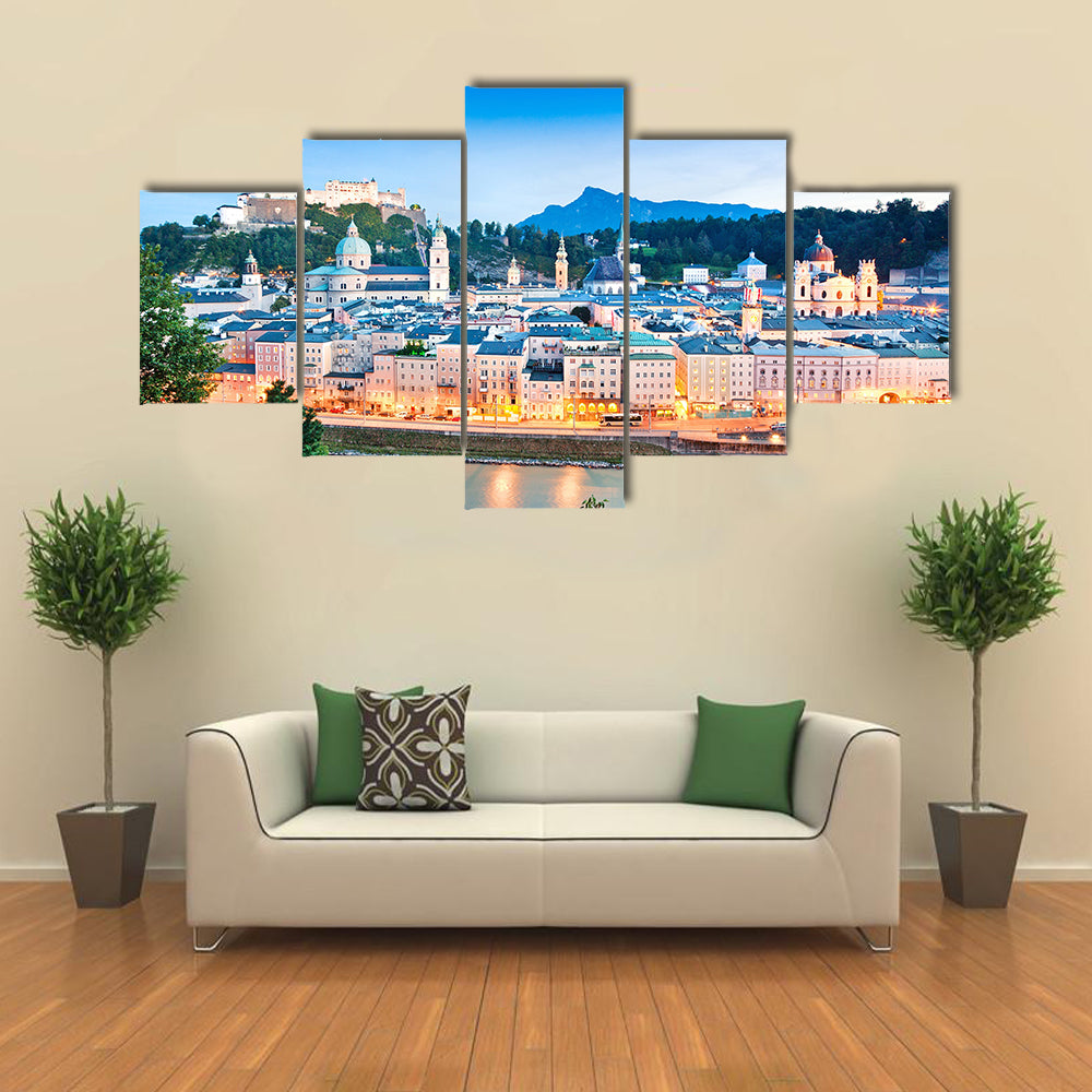 Salzburg panorama at dusk as seen from Kapuzinerberg in Salzburg, Austria Multi panel canvas wall art