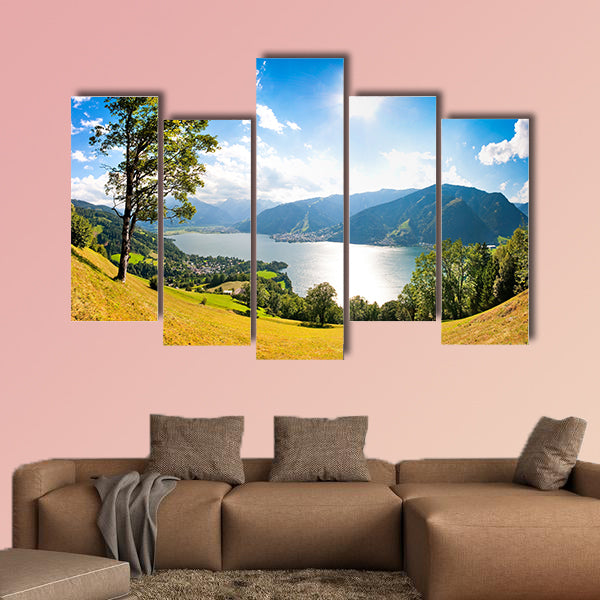 Panoramic view of the city of Zell am See with Zeller Lake in Salzburg, Austria Multi panel canvas wall art