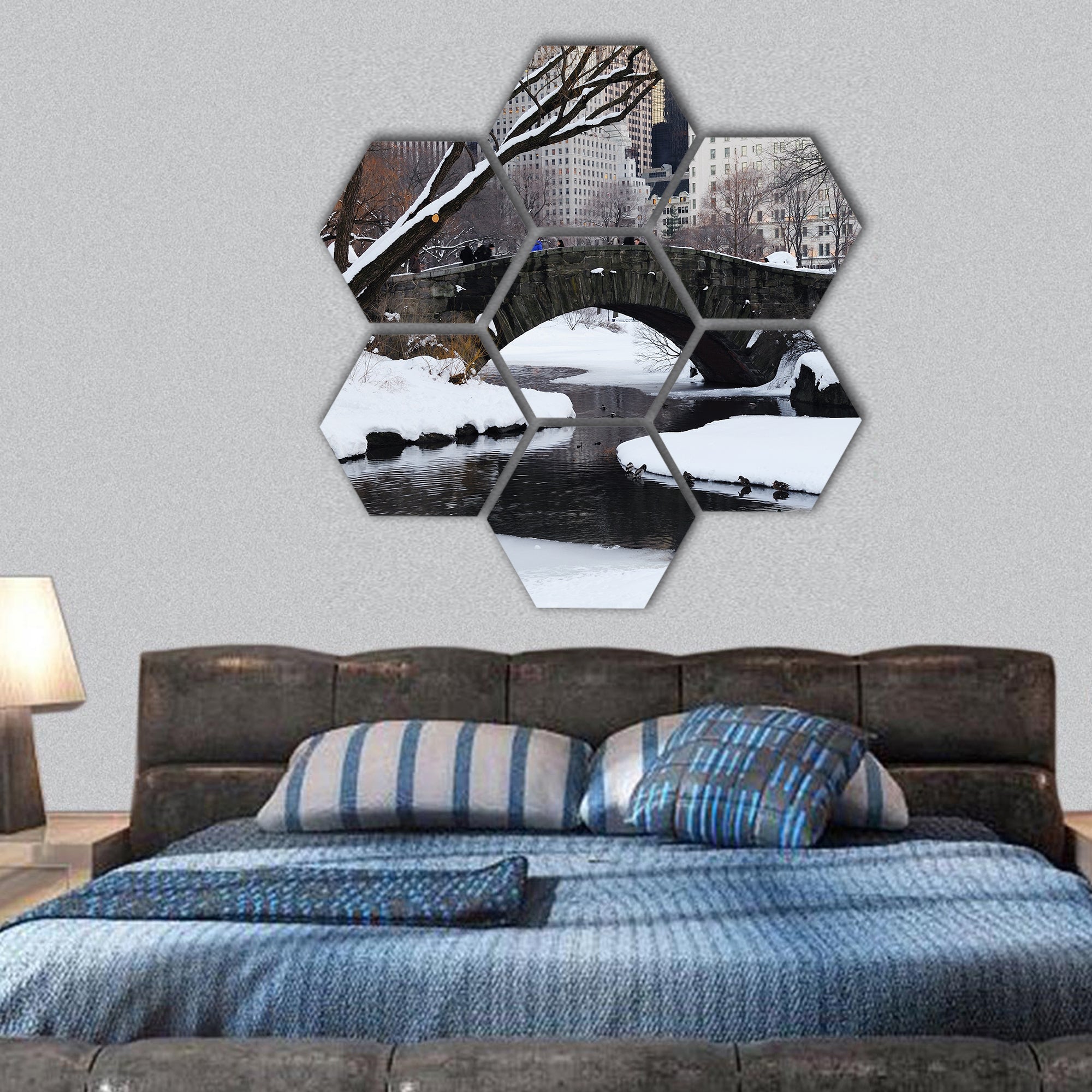 City Manhattan Central Park freezing lake and skyscrapers hexagonal canvas wall art