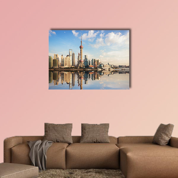 Shanghai skyline at dusk with reflection, China multi panel canvas wall art