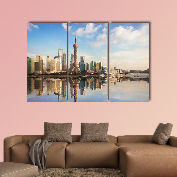 Shanghai skyline at dusk with reflection, China multi panel canvas wall art
