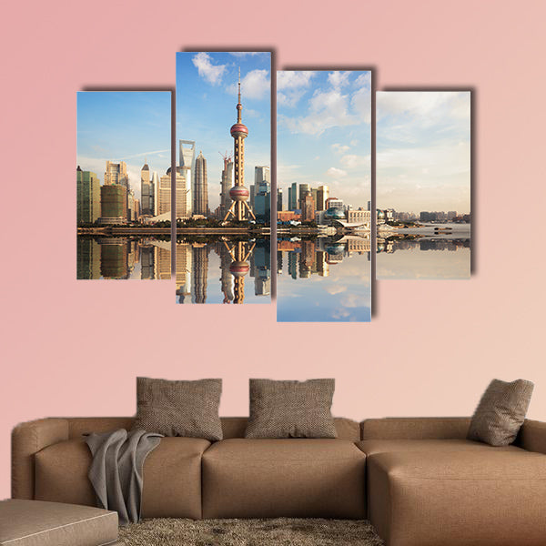 Shanghai skyline at dusk with reflection, China multi panel canvas wall art
