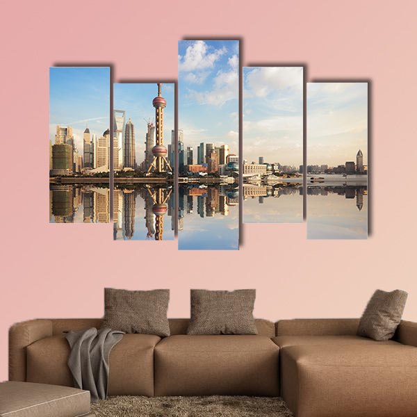 Shanghai skyline at dusk with reflection, China multi panel canvas wall art