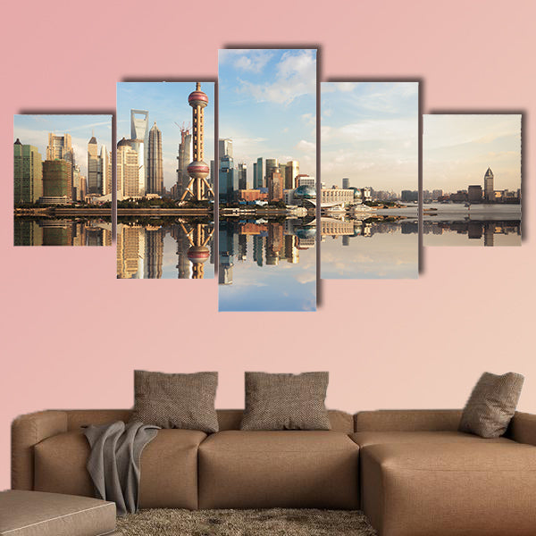 Shanghai skyline at dusk with reflection, China multi panel canvas wall art