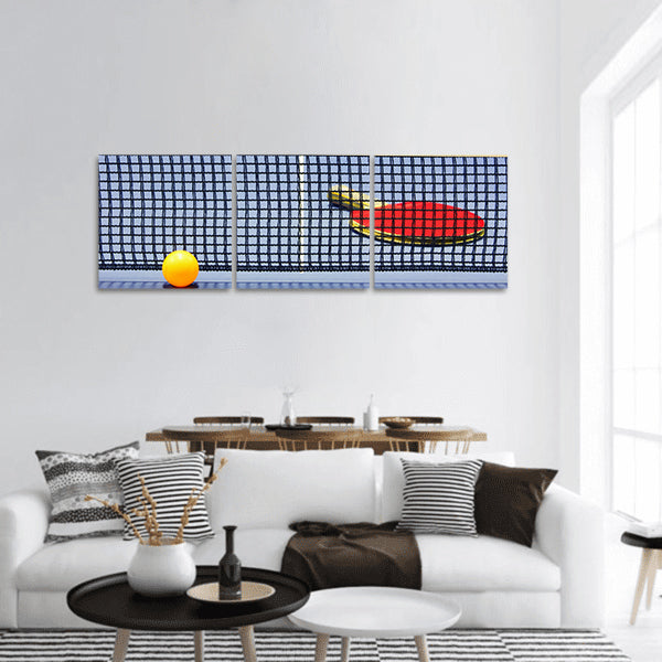 Equipment for table tennis  racket, ball, table, net panoramic canvas wall art