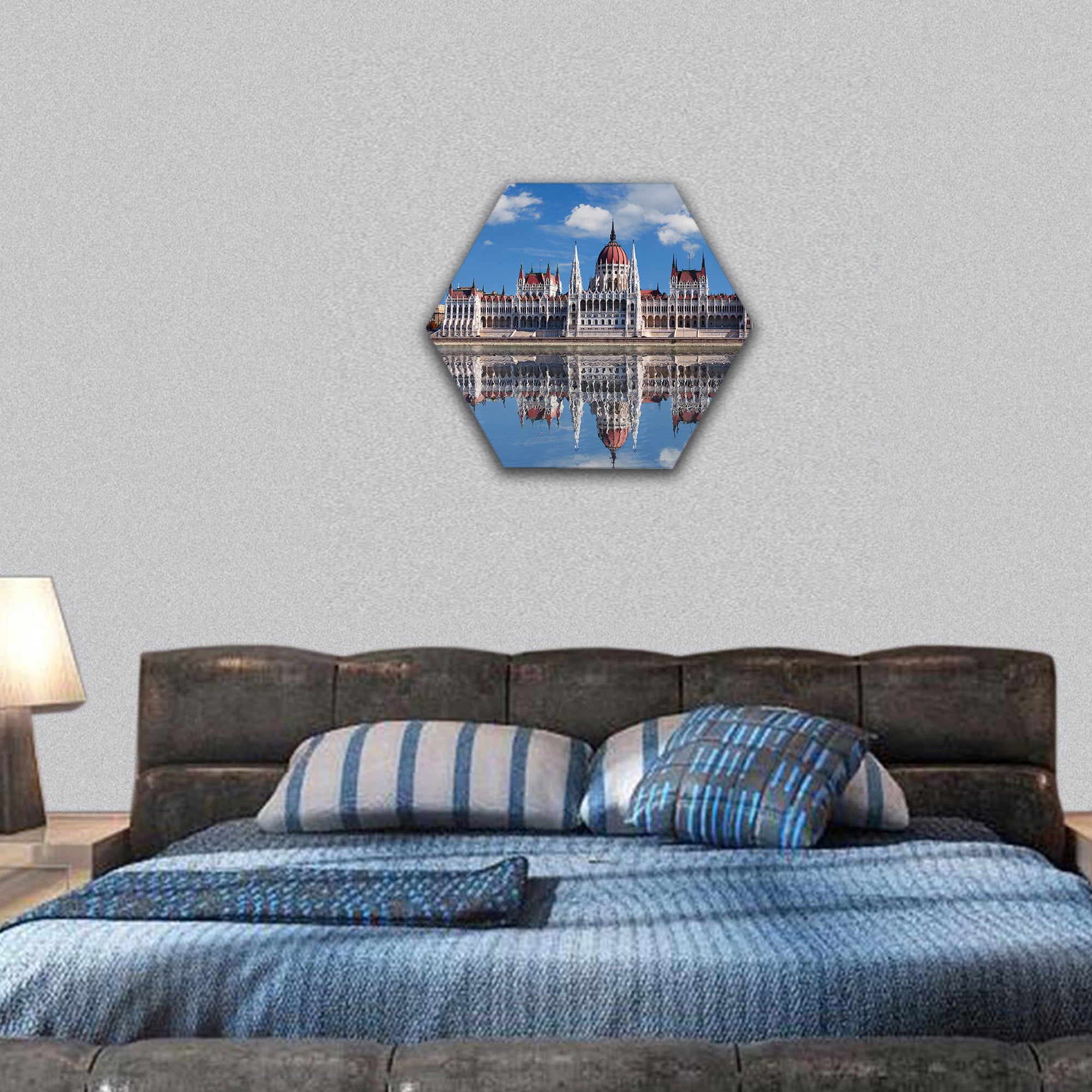 Budapest - Hungarian parliament in Danube river hexagonal canvas wall art