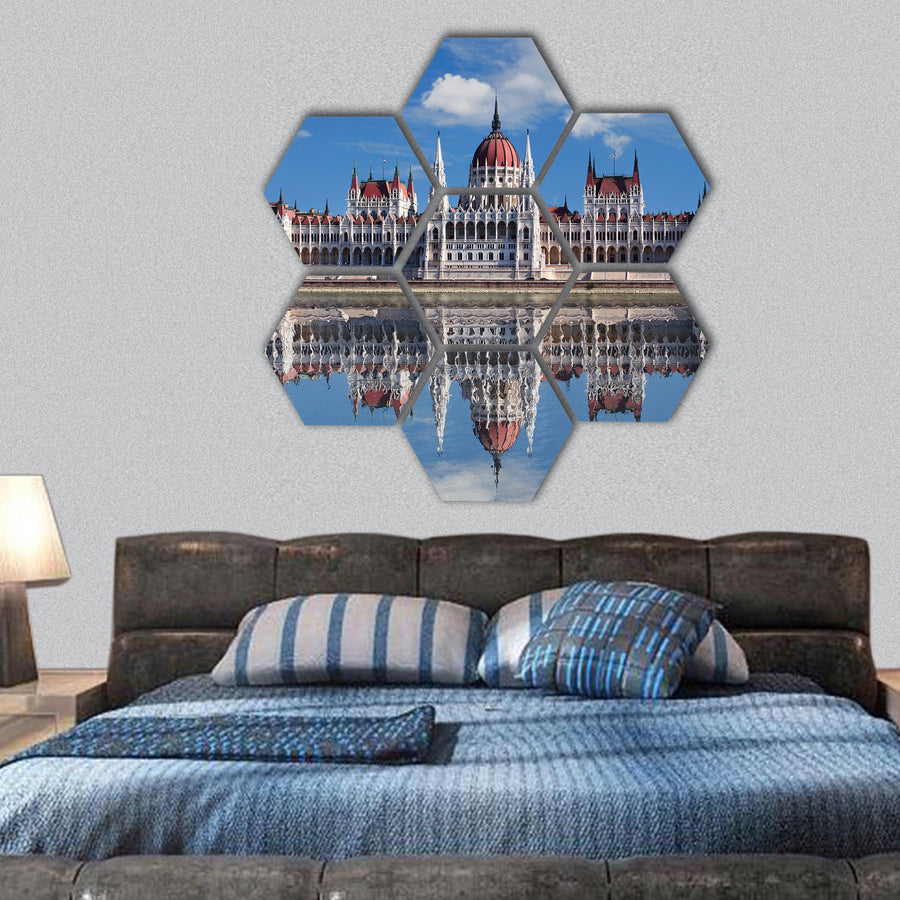 Budapest - Hungarian parliament in Danube river hexagonal canvas wall art