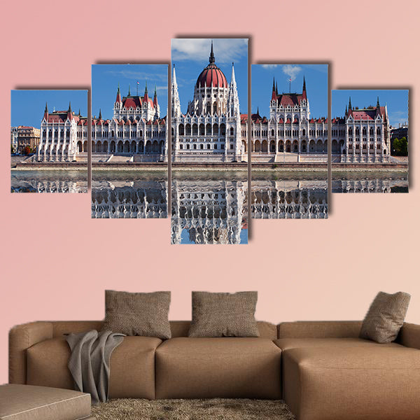 Hungarian parliament with reflection in Danube River multi panel canvas wall art