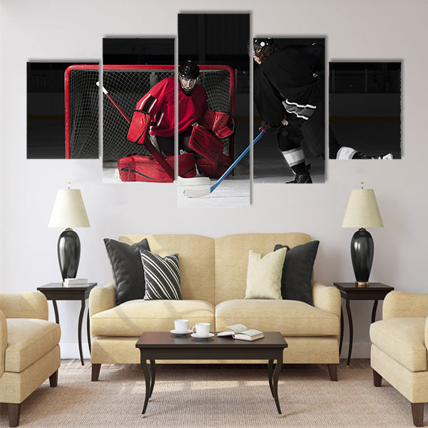 Ice hockey goalie with skater rink arena Multi panel canvas wall art