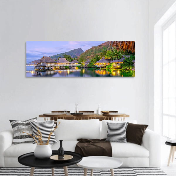 Overwater Bungalows at dusk, French Polynesia panoramic canvas wall art