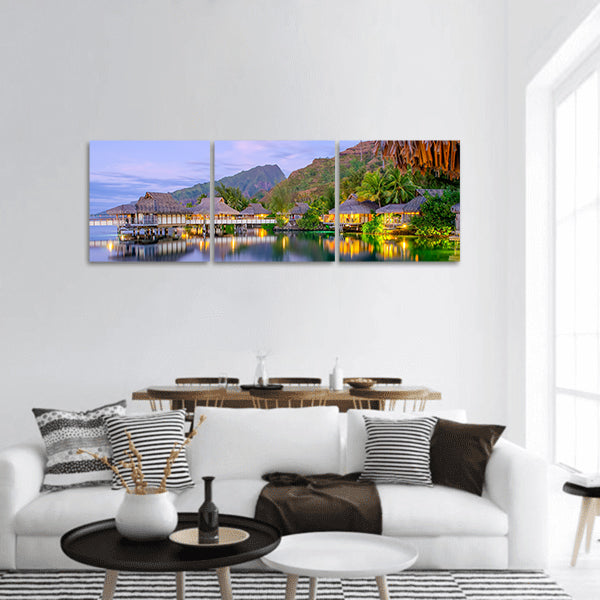 Overwater Bungalows at dusk, French Polynesia panoramic canvas wall art
