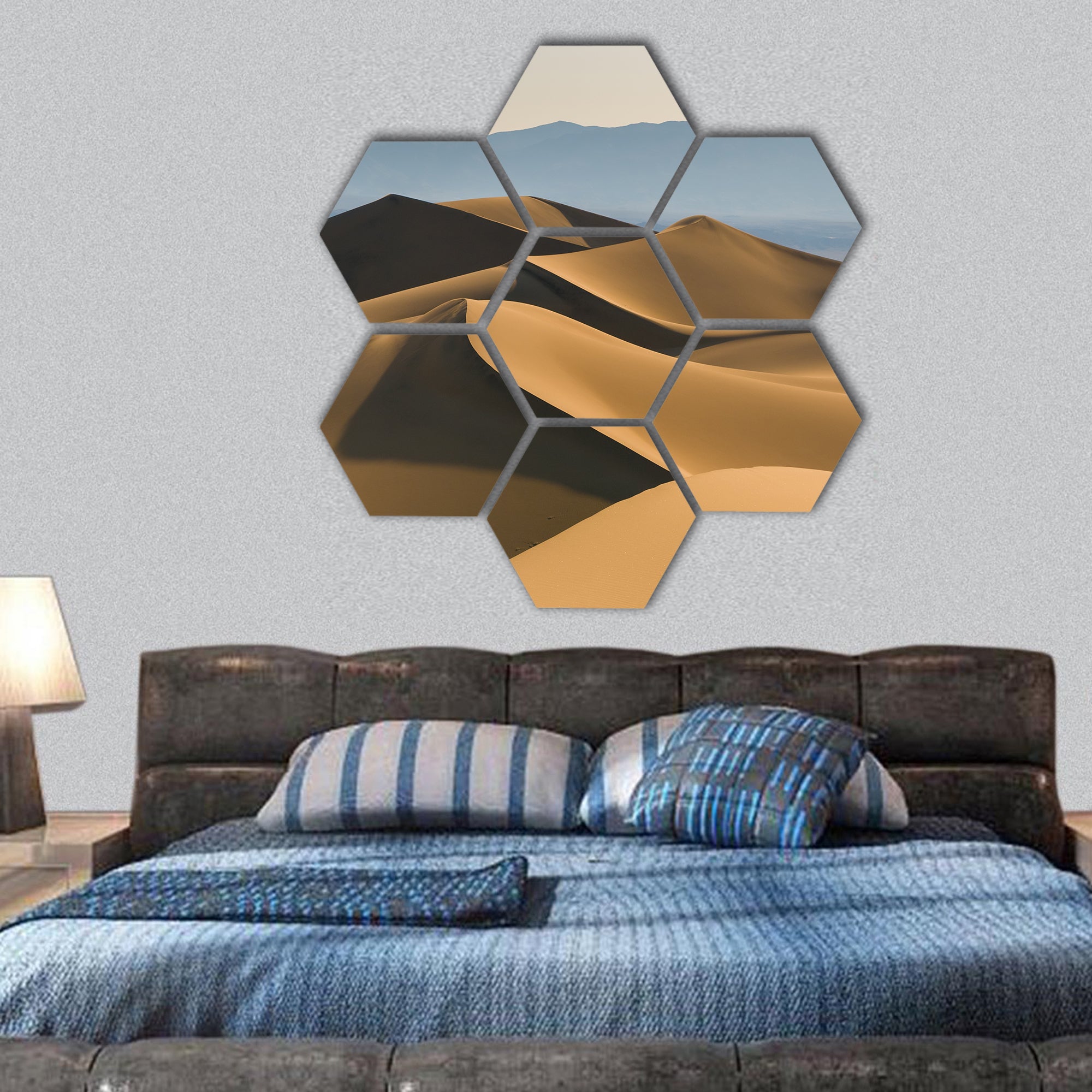 Sand dunes over sunrise sky in Death Valley, California hexagonal canvas wall art