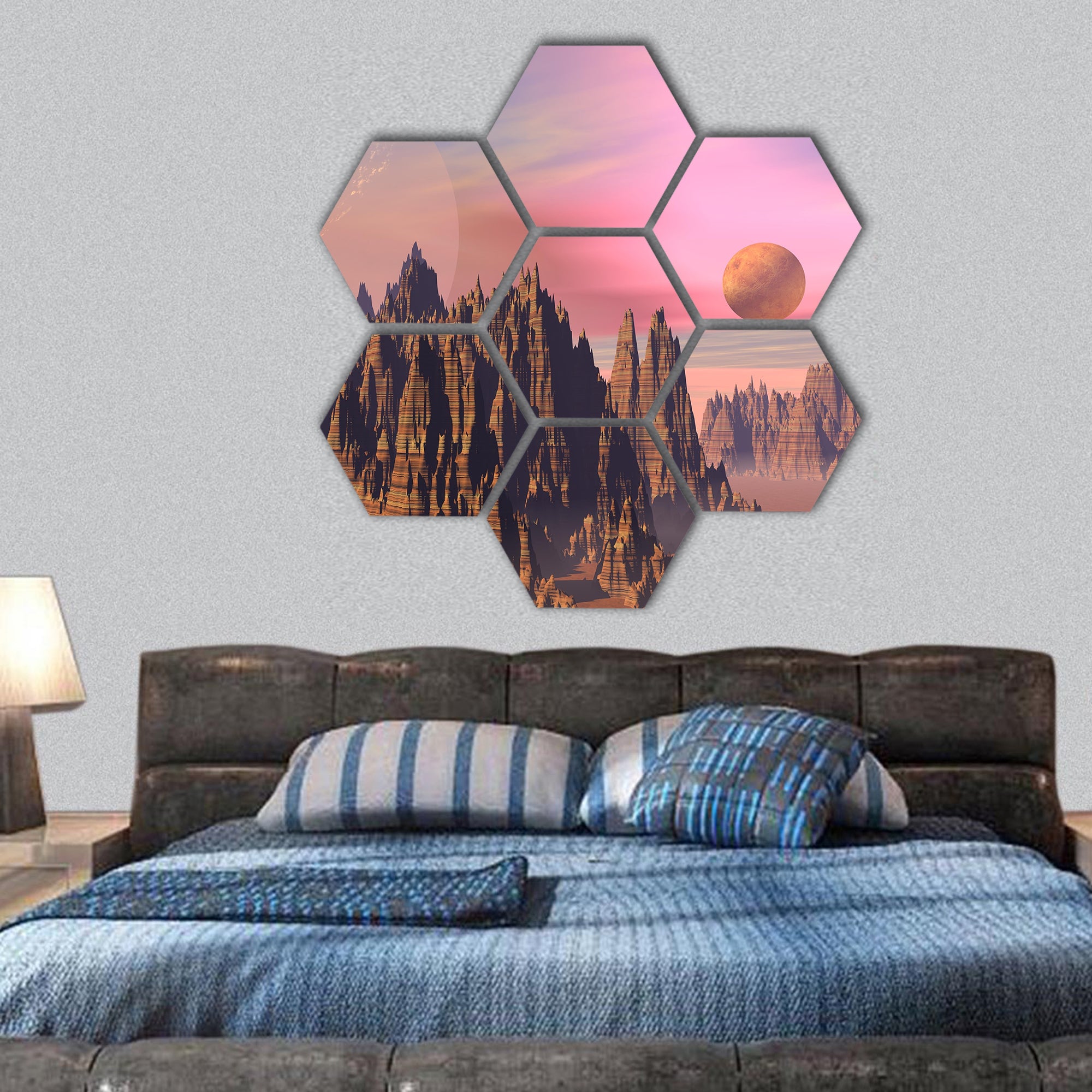 Landscape with high sharp rocky mountains hexagonal canvas wall art